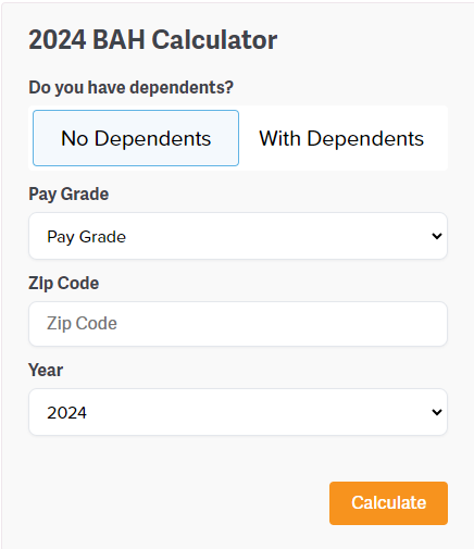 Military BAH calculator 2024. Calculate your Base Allowance for Housing for 2024.