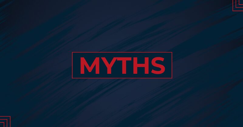 Blue graphic with the word “Myth” in bold red letters, highlighting VA loan misconceptions